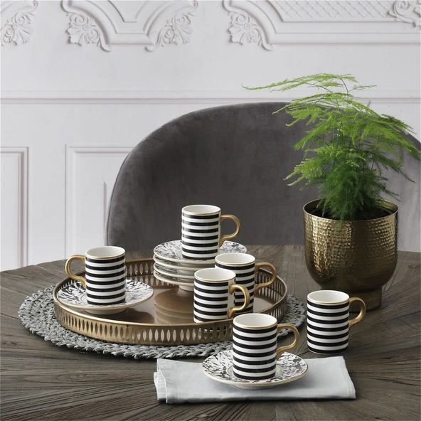 GÜRAL PORSELEN Camelia 12 Parça 6 Kişilik Bone Türk Kahvesi Fincan Takımı - 5554