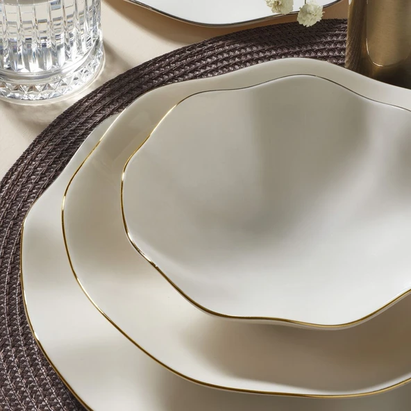 GÜRAL PORSELEN Nesrin 18 Parça 6 Kişilik Yemek Takımı Altın File 20 - Resim 3