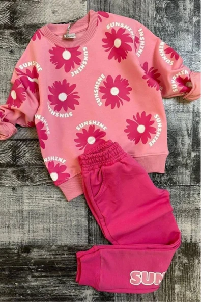 Kız Çocuk Sunshine Yazı ve Çiçek Baskılı Beli manşetli Pembe Eşofman Takım