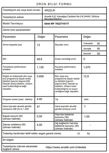 Arçelik 6444 WF 4 Programlı 13 Kişilik Bulaşık Makinesi - 7