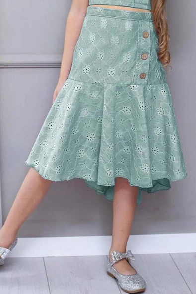 Kız Çocuk Dantel Örgü İşlemeli Askılı Crop Düğme İşlemeli Pliseli Yeşil Etekli Takım - Resim 5