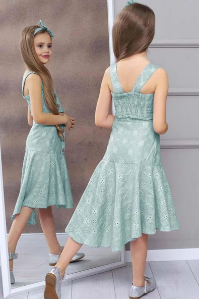 Kız Çocuk Dantel Örgü İşlemeli Askılı Crop Düğme İşlemeli Pliseli Yeşil Etekli Takım - Resim 3