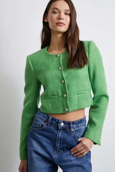 Cep Detaylı Düğmeli Tüvit Ceket Fıstık Yeşili - 3