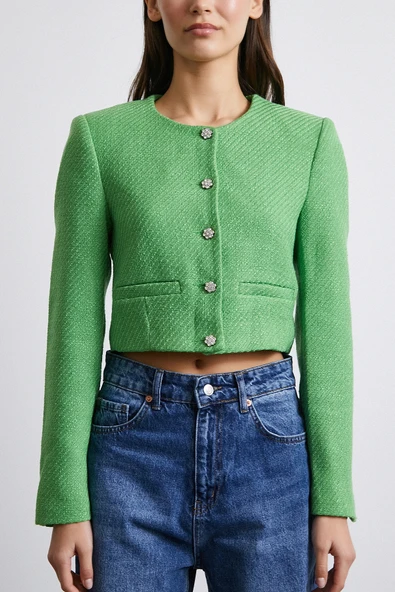 Cep Detaylı Düğmeli Tüvit Ceket Fıstık Yeşili - 5