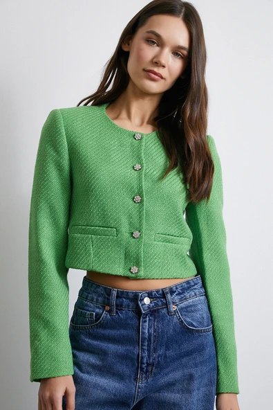 Cep Detaylı Düğmeli Tüvit Ceket Fıstık Yeşili - 4