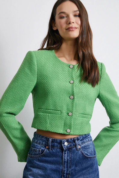 Cep Detaylı Düğmeli Tüvit Ceket Fıstık Yeşili - 2