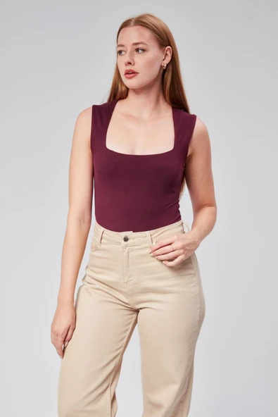 Astarlı Sıfır Kol Kare Yaka Dekolteli Çıtçıtlı Bodysuit - 5