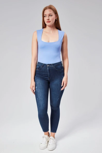 Astarlı Sıfır Kol Kare Yaka Dekolteli Çıtçıtlı Bodysuit - 12