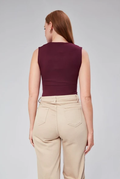 Astarlı Sıfır Kol Kare Yaka Dekolteli Çıtçıtlı Bodysuit - 7