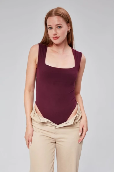 Astarlı Sıfır Kol Kare Yaka Dekolteli Çıtçıtlı Bodysuit - 3