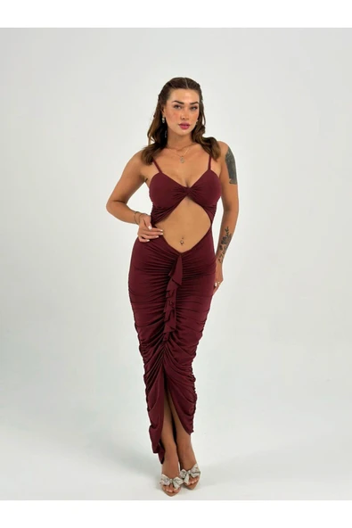 Premium Vücuda Oturan Örme Büzgülü Özel Dekolte Detaylı Abiye Elbise - 6