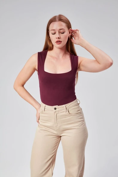 Astarlı Sıfır Kol Kare Yaka Dekolteli Çıtçıtlı Bodysuit - 2