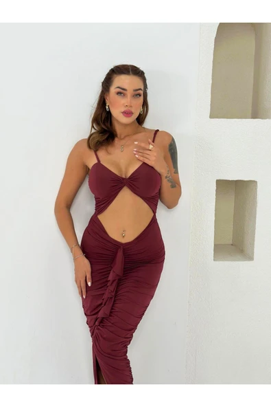 Premium Vücuda Oturan Örme Büzgülü Özel Dekolte Detaylı Abiye Elbise - 5