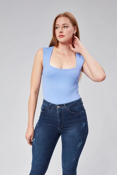 Astarlı Sıfır Kol Kare Yaka Dekolteli Çıtçıtlı Bodysuit - 11