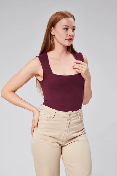 Astarlı Sıfır Kol Kare Yaka Dekolteli Çıtçıtlı Bodysuit - 6