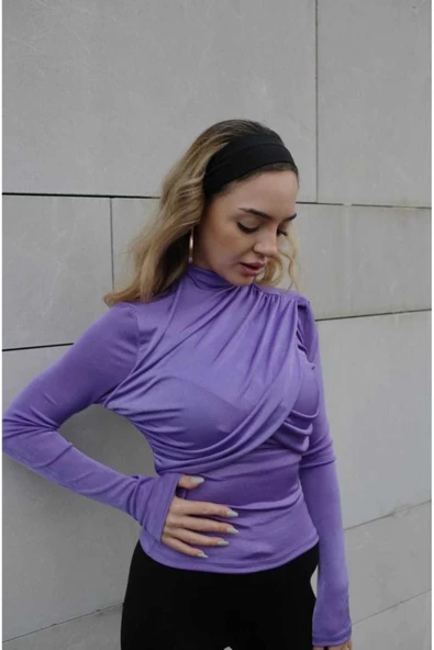 Yarım Boğaz Büzgülü Uzunkollu Sandy Bluz - 2