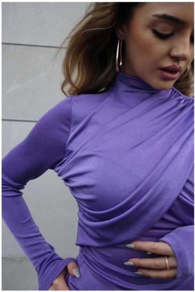 Yarım Boğaz Büzgülü Uzunkollu Sandy Bluz - 6