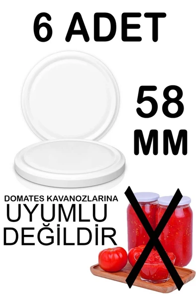 6 Adet 58mm Metal Kavanoz Kapağı Beyaz