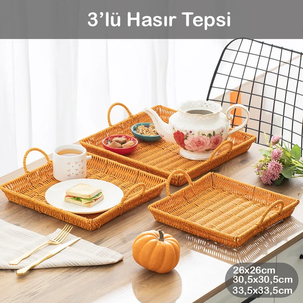 Porsima 709-A Kare 3'lü Dekoratif Ev Banyo Mutfak Düzenleyici Kulplu Hasır Sepet Seti Hasır Tepsi