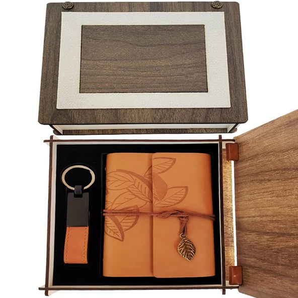Özel Ahşap Kutulu Taba Deri Defter ve Anahtarlık Set TdrTR