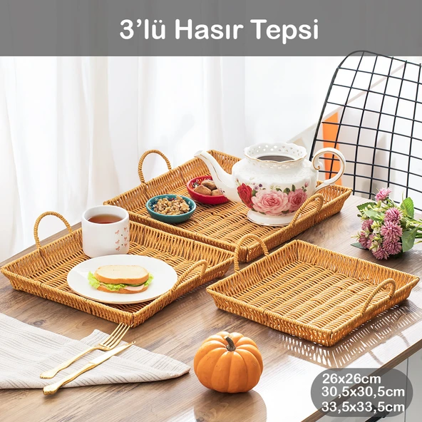 Porsima 709-B Kare 3'lü Dekoratif Ev Banyo Mutfak Düzenleyici Kulplu Hasır Sepet Seti Hasır Tepsi