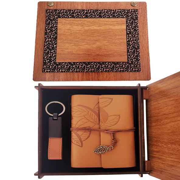 Ahşap Kutulu Taba Renk Deri Defter Anahtarlık Set TdrTR