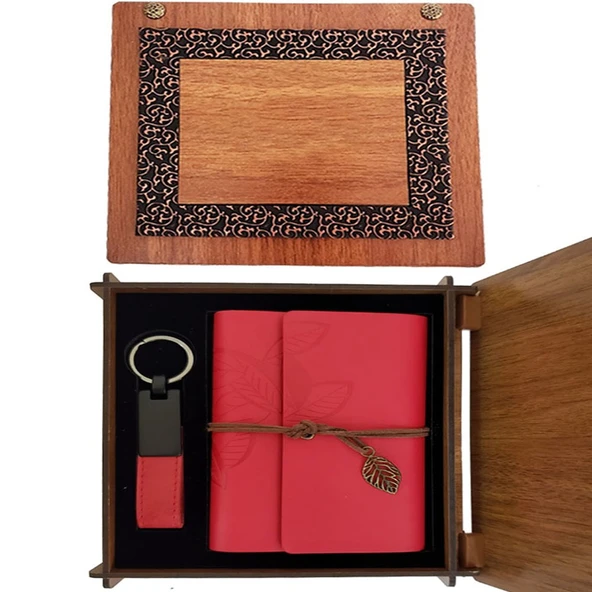 Ahşap Kutulu Kırmızı Deri Defter ve Anahtarlık Set TdrTR