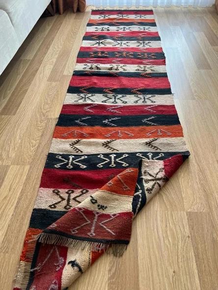 68x283 cm Uzun Yolluk, Turuncu, Siyah ve Beyaz Kilim, El Dokuma Vintage Kilim, Şık Bohem Ev Dekoru ürün görseli 1