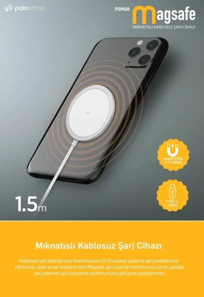 Polosmart Psm68 Magsafe Mıknatıslı Kablosuz Şarj Cihazı Beyaz Type-c Giriş 1.5M(Teşhir) - 4