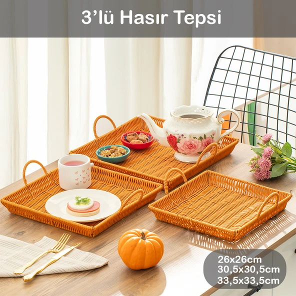 Porsima 709-D Kare 3'lü Dekoratif Ev Banyo Mutfak Düzenleyici Kulplu Hasır Sepet Seti Hasır Tepsi