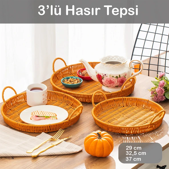 Porsima 710-D Yuvarlak 3'lü Dekoratif Ev Mutfak Düzenleyici Kulplu Hasır Sepet Seti Hasır Tepsi