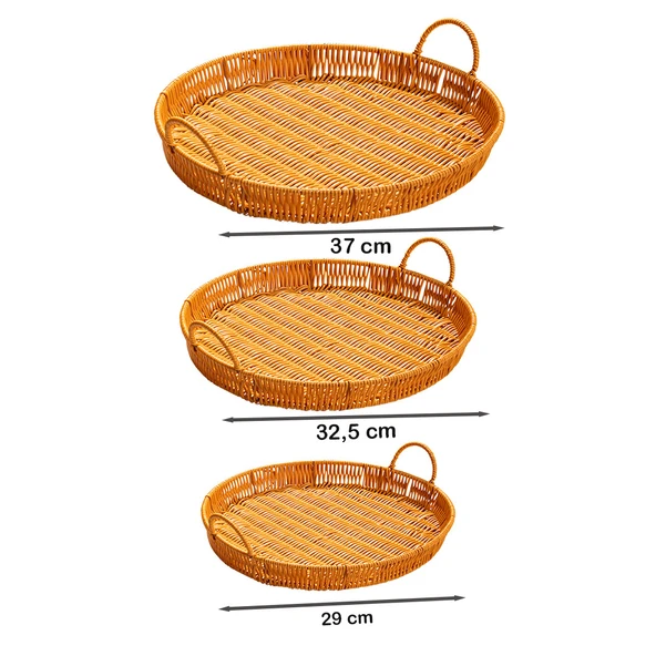 Porsima 710-D Yuvarlak 3'lü Dekoratif Ev Mutfak Düzenleyici Kulplu Hasır Sepet Seti Hasır Tepsi - 4