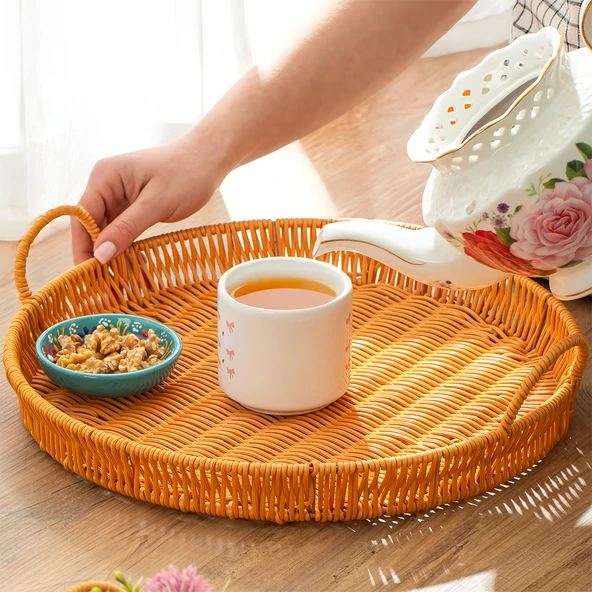 Porsima 710-D Yuvarlak 3'lü Dekoratif Ev Mutfak Düzenleyici Kulplu Hasır Sepet Seti Hasır Tepsi - 2