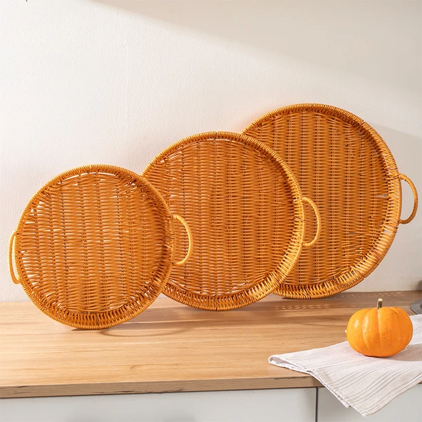 Porsima 710-D Yuvarlak 3'lü Dekoratif Ev Mutfak Düzenleyici Kulplu Hasır Sepet Seti Hasır Tepsi - 3