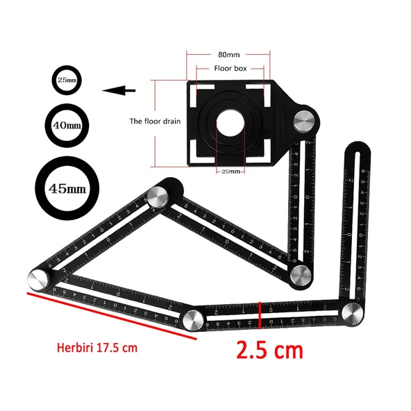 Çok Amaçlı Alüminyum Gönye 6 Fonksiyonlu Açı Cetvel Ölçme Ölçüm Fayans Delme Konumlandırma Cetveli - 2