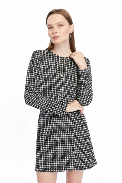 Ekose Tüvit Blazer Ceket Mini Etek Takım - 6