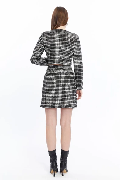 Ekose Tüvit Blazer Ceket Mini Etek Takım - 8