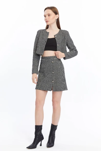 Ekose Tüvit Blazer Ceket Mini Etek Takım - 2