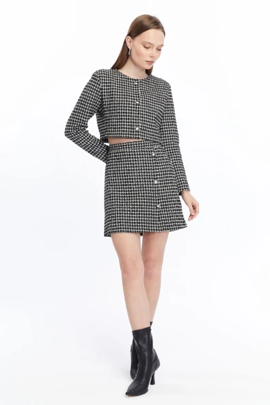Ekose Tüvit Blazer Ceket Mini Etek Takım - 5