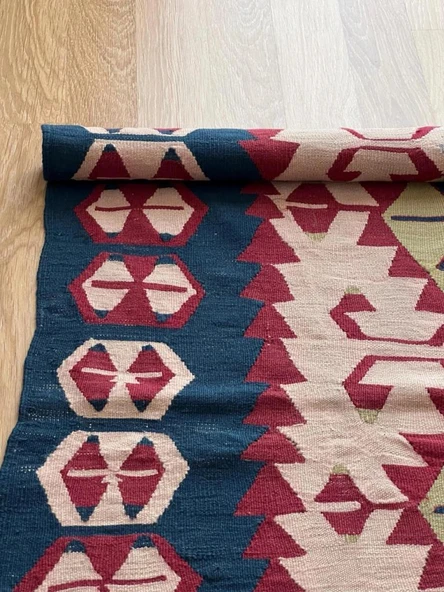104x158 cm Kırmızı ve Mavi Akrep Motifli Kilim, Küçük El Dokuma Vintage Kilim, Modern Ev Kilimi - 8