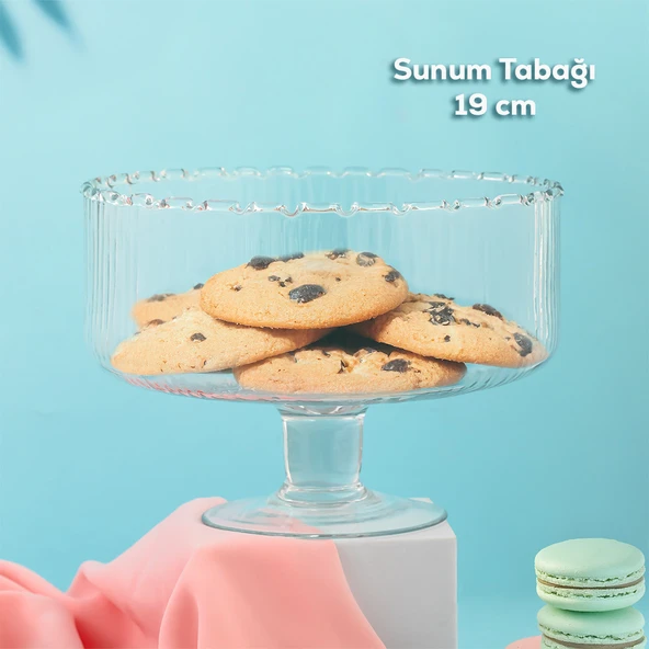 Porisma RGY027 Lines Ayaklı Cam Kek Fanusu, Pasta / Kek / Tatlı Şık Sunum Standı 19 Cm