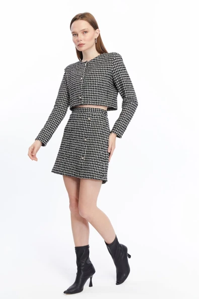 Ekose Tüvit Blazer Ceket Mini Etek Takım - 4