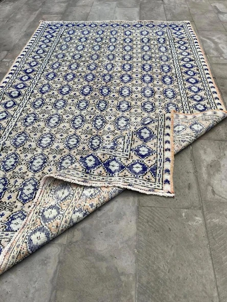 166x258 cm Mavi ve Bej Türk Halısı, Ender Desenli Zarif Kilim, El Dokuma Vintage Kilim, Şık Bohem Kilim - 6
