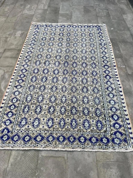 166x258 cm Mavi ve Bej Türk Halısı, Ender Desenli Zarif Kilim, El Dokuma Vintage Kilim, Şık Bohem Kilim - 8