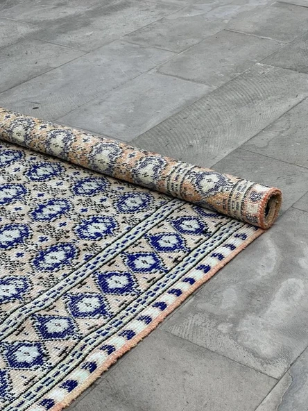 166x258 cm Mavi ve Bej Türk Halısı, Ender Desenli Zarif Kilim, El Dokuma Vintage Kilim, Şık Bohem Kilim - 2