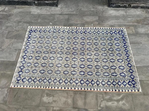 166x258 cm Mavi ve Bej Türk Halısı, Ender Desenli Zarif Kilim, El Dokuma Vintage Kilim, Şık Bohem Kilim