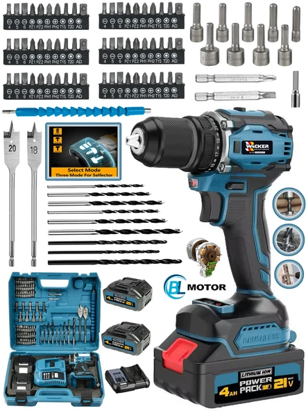 Wacker Pro Alman W-2130 Darbeli Kömürsüz Motor SaMsung Pilli 2 Akülü Vidalama Matkap + 84 Parça Aksesuar Set