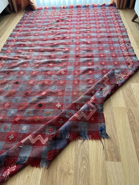160x280 cm Büyük Kırmızı Türk Kilimi, El Dokuma Yün Kilim, Kare Desenli Kilim, Antika Anadolu Halısı, Ev Hediyesi