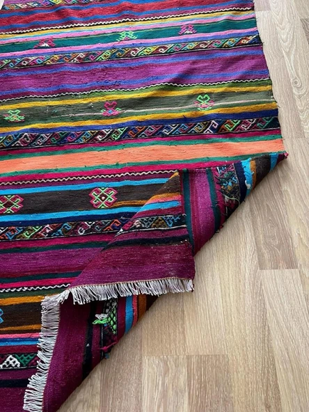 101x325 cm Canlı Renkli Kilim, Uzun Yün Yolluk, Çizgili ve Akrep Motifli, El Dokuma Vintage Kilim - 6