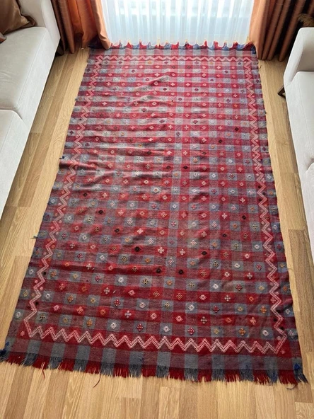160x280 cm Büyük Kırmızı Türk Kilimi, El Dokuma Yün Kilim, Kare Desenli Kilim, Antika Anadolu Halısı, Ev Hediyesi - 8